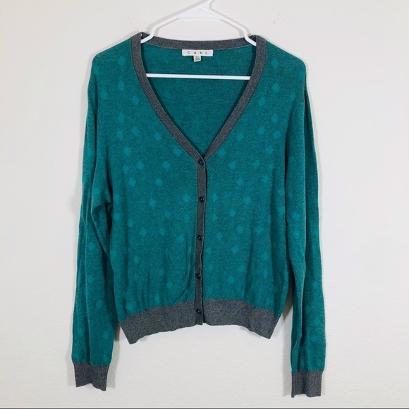 CAbi 🔥SALE🔥 CAbi green polka dot with gray trim button front cardigan. LH - Picture 3 of 8